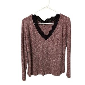 Maroon Long Sleeve Top with Black Lace Detail
